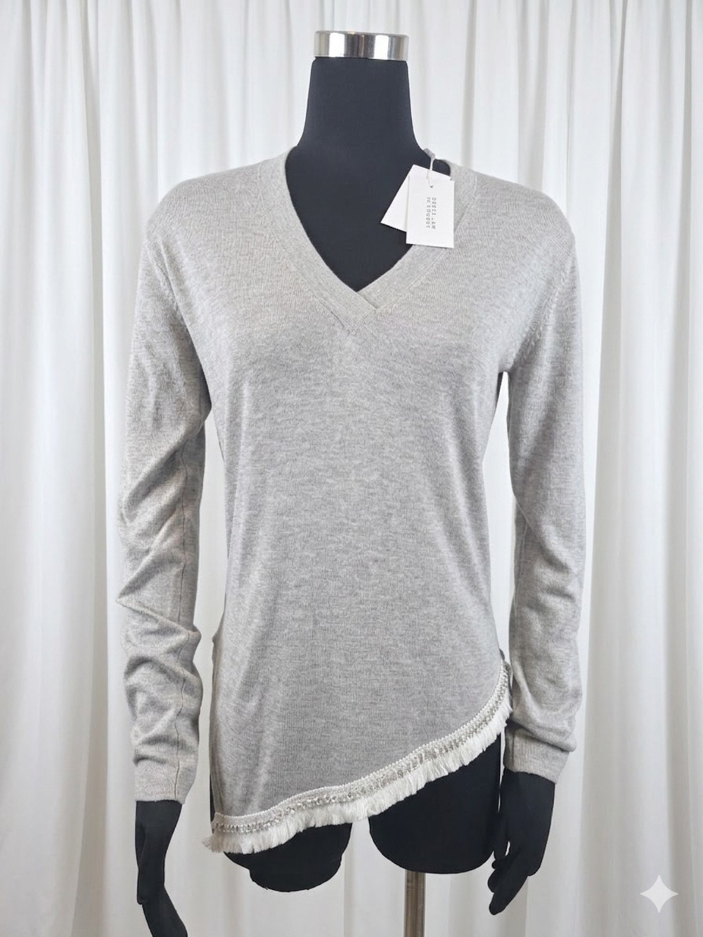 Derek Lam 10 Crosby asymmetric fringe-trim sweater in gray silk and cashmere.